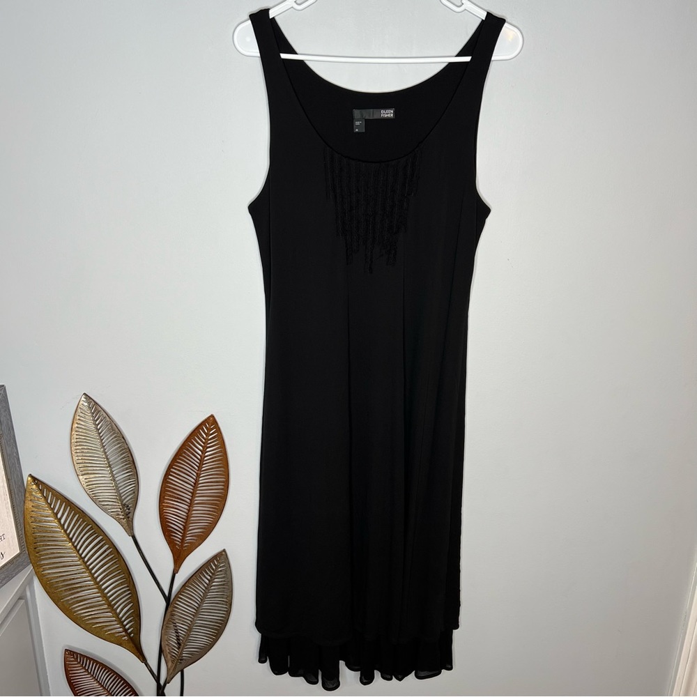 Eileen Fisher Black Silk Sleeveless Ruffle Tank Midi dress‎